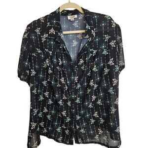 Unique Vintage Top Button Front Blouse Women 2X/18 Black Atomic Print Sheer Top